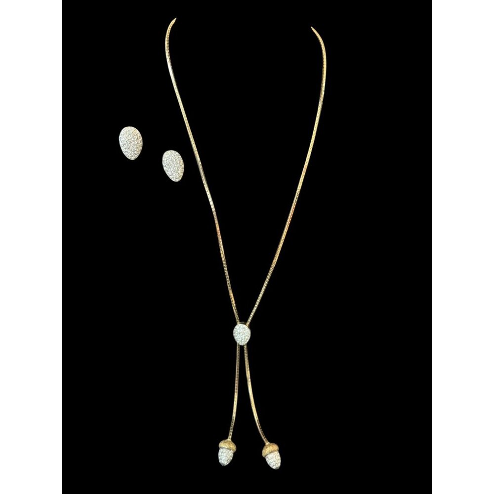 Vintage Acorn Gold-Tone Pendant Necklace & Matching Crystal Stud Earrings Set